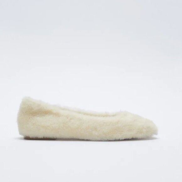 NWT Zara cream off-white faux fur low heeled ballet flats, 6 - Picture 5 of 13